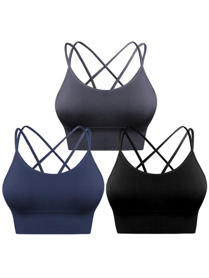 3 Pack Women's Sports Bra Padded Crisscross Yoga Bra Seamless Medium-Impact Fitness Activewear black+dark grey+blue