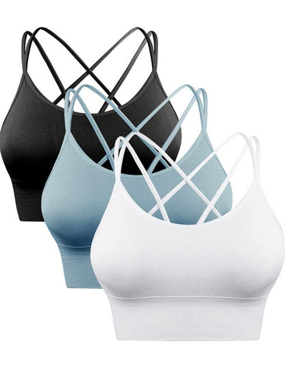 3 Pack Women's Sports Bra Padded Crisscross Yoga Bra Seamless Medium-Impact Fitness Activewear black + sky blue + white