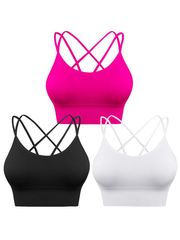 3 Pack Women's Sports Bra Padded Crisscross Yoga Bra Seamless Medium-Impact Fitness Activewear Black+white+rose pink