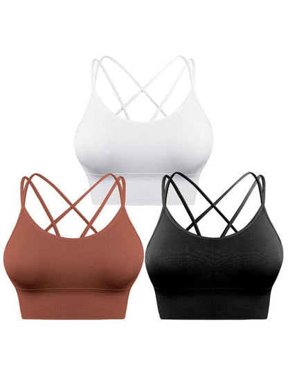 3 Pack Women's Sports Bra Padded Crisscross Yoga Bra Seamless Medium-Impact Fitness Activewear black+white+brown