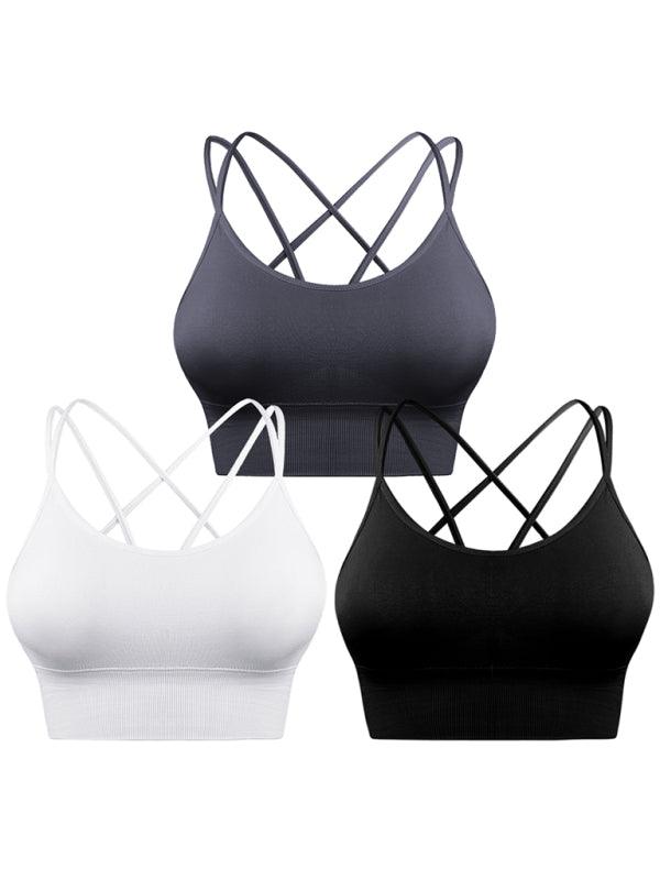 3 Pack Women's Sports Bra Padded Crisscross Yoga Bra Seamless Medium-Impact Fitness Activewear black+white+dark grey