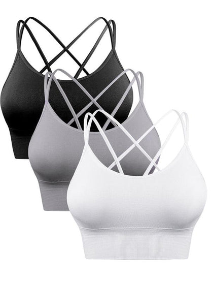 3 Pack Women's Sports Bra Padded Crisscross Yoga Bra Seamless Medium-Impact Fitness Activewear black+white+light gray