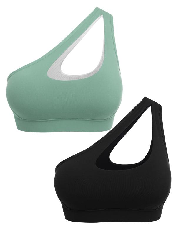 One-Shoulder Bra Beautiful Back Shockproof Running Sports black + green gray