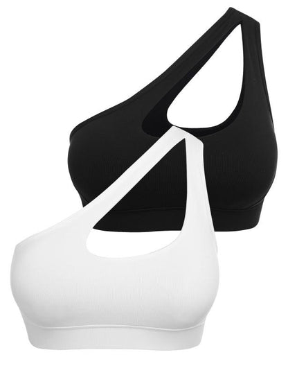 One-Shoulder Bra Beautiful Back Shockproof Running Sports black + this white