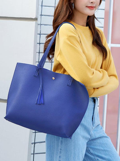 Tassel Zip Bag Large Capacity Shoulder Tote Bag Blue F