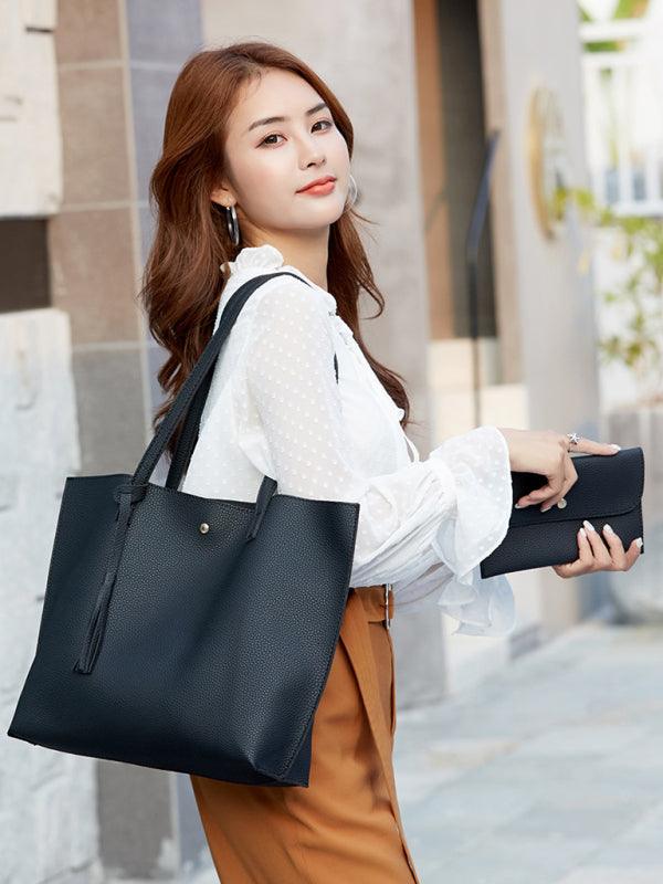 Tassel Zip Bag Large Capacity Shoulder Tote Bag Black F