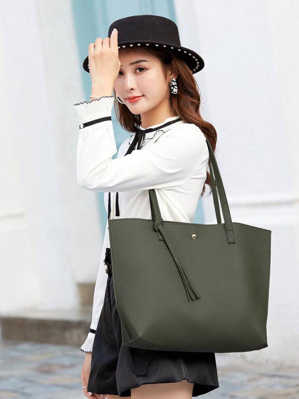 Tassel Zip Bag Large Capacity Shoulder Tote Bag Green F