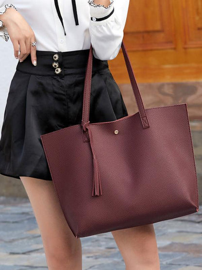 Tassel Zip Bag Large Capacity Shoulder Tote Bag Wine Red F