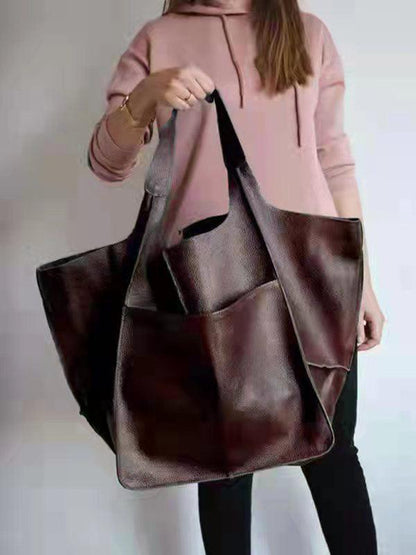 Simple Large Bag Soft Leather Large Capacity One Shoulder Portable Tote Bag Brown F