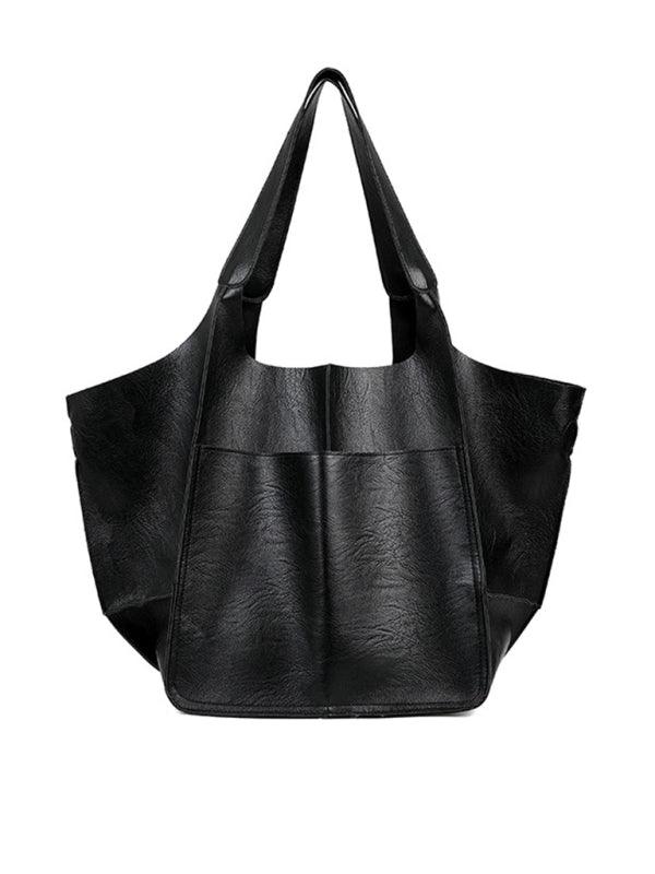 Simple Large Bag Soft Leather Large Capacity One Shoulder Portable Tote Bag Black F