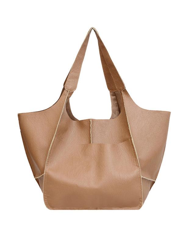 Simple Large Bag Soft Leather Large Capacity One Shoulder Portable Tote Bag Khaki F