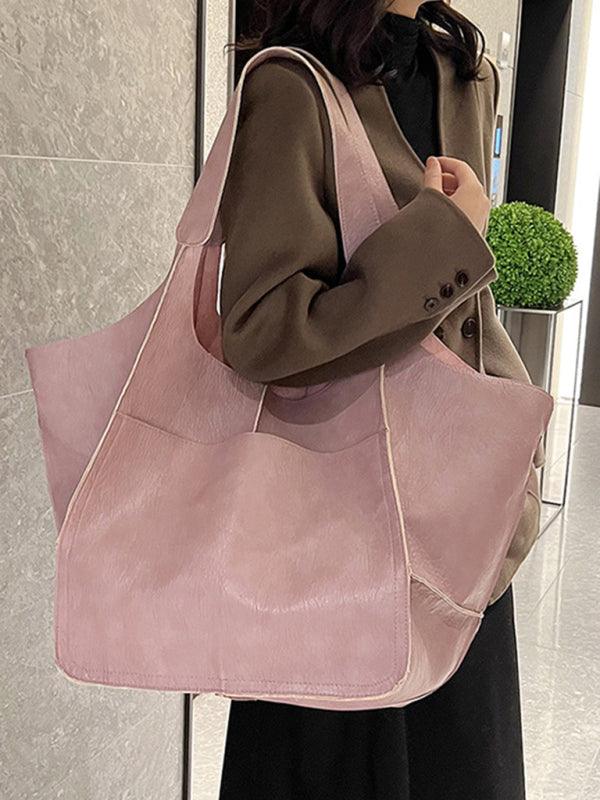 Simple Large Bag Soft Leather Large Capacity One Shoulder Portable Tote Bag Pink F