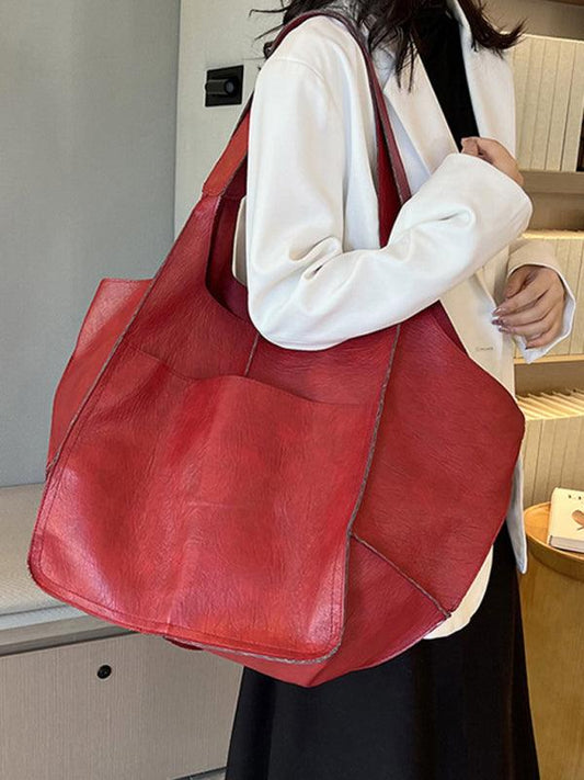 Simple Large Bag Soft Leather Large Capacity One Shoulder Portable Tote Bag Red F