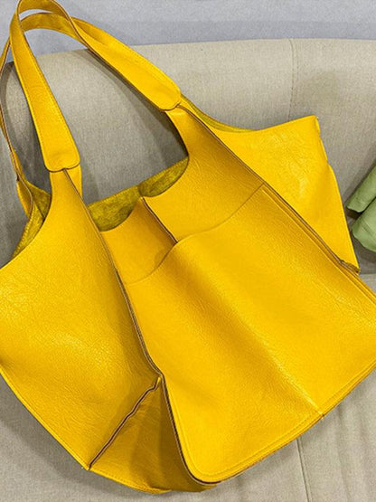 Simple Large Bag Soft Leather Large Capacity One Shoulder Portable Tote Bag Yellow F