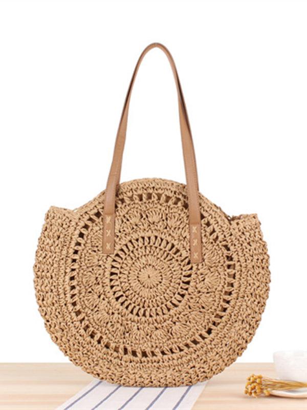 Round shoulder straw woven bag woven bag beach bag fashion women's bag straw woven bag Brown