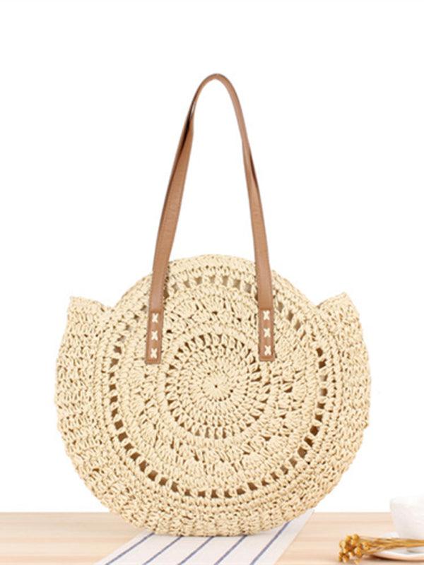 Round shoulder straw woven bag woven bag beach bag fashion women's bag straw woven bag Khaki