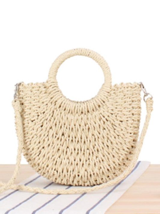 Half round straw woven bag beach hand woven bag holiday women's bag Cream F