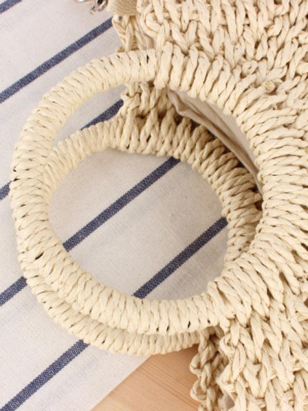 Half round straw woven bag beach hand woven bag holiday women's bag Cream F