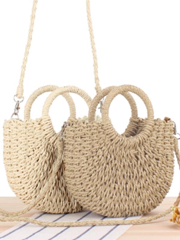 Half round straw woven bag beach hand woven bag holiday women's bag Cream F