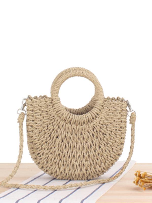 Half round straw woven bag beach hand woven bag holiday women's bag Camel F