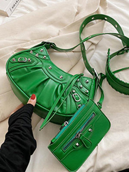 Rivet Heavy Industry Pleated Shoulder Underarm Bag Messenger Bag Green F