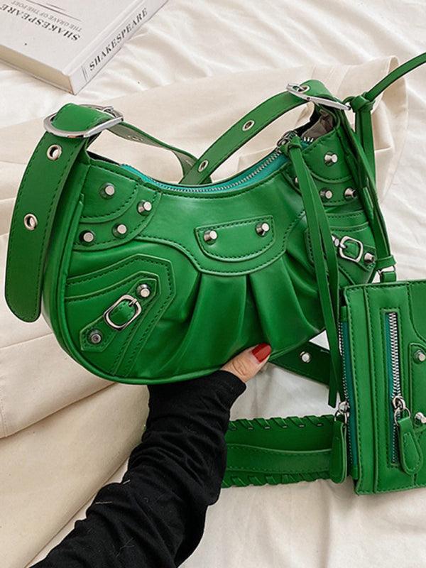 Rivet Heavy Industry Pleated Shoulder Underarm Bag Messenger Bag Green F