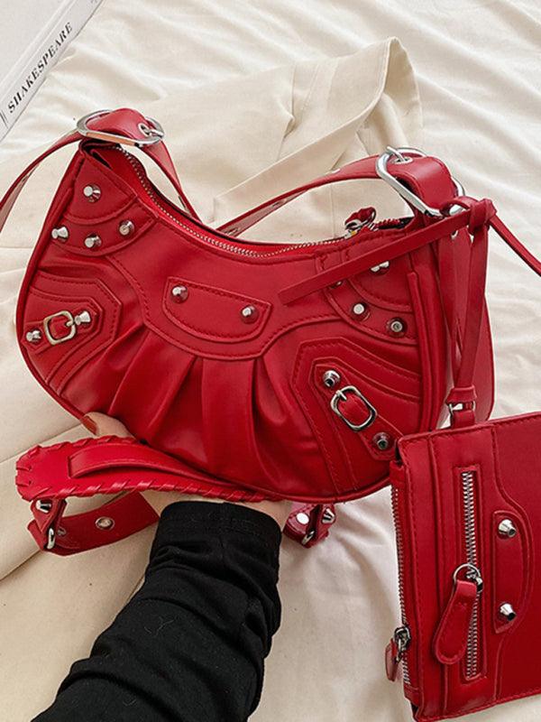 Rivet Heavy Industry Pleated Shoulder Underarm Bag Messenger Bag Red F