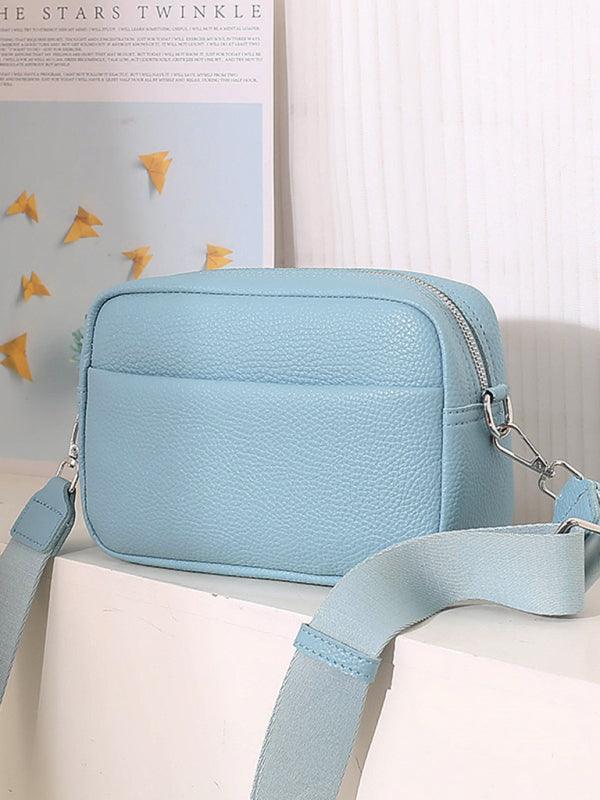 Solid color PU messenger bag women's small bag ladies shoulder bag small square bag Sky blue azure F