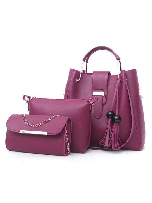 Handbag Fashion One Shoulder Bucket Ladies Luggage Bag Three-Piece Set Wine Red F