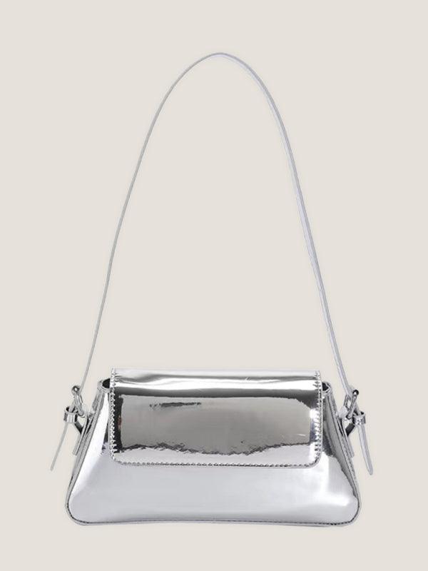 Fashion patent leather ladies baguette texture glossy underarm shoulder bag Silver grey F