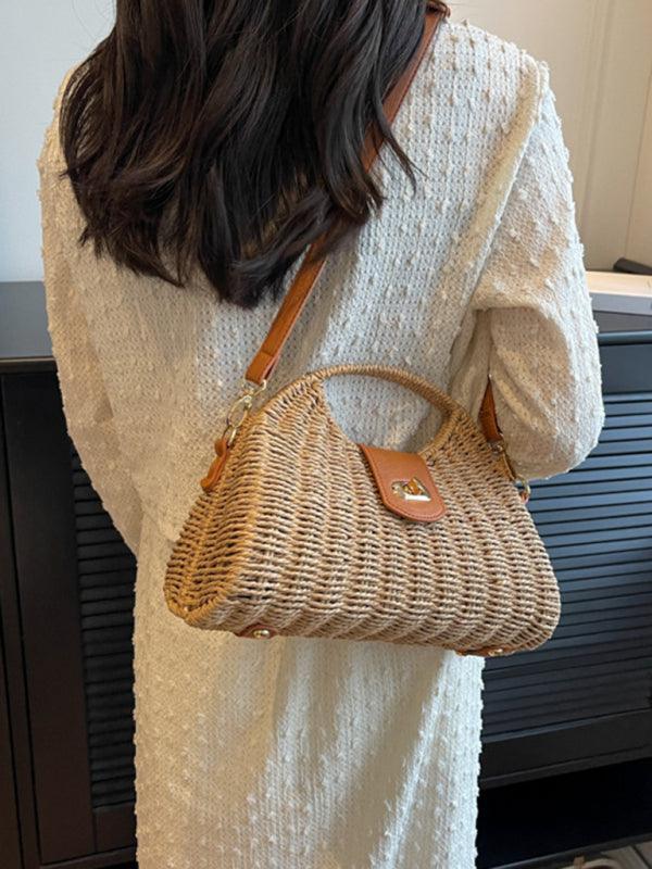 New Mori Fashion Straw Contrasting Color Tote Bag Cream F