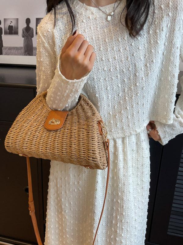 New Mori Fashion Straw Contrasting Color Tote Bag Cream F