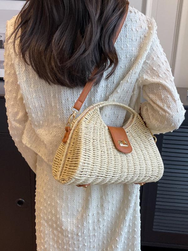 New Mori Fashion Straw Contrasting Color Tote Bag Cream F