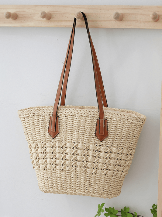 New single shoulder straw bag casual fashion beach vacation large capacity handbag tote bag Cream FREESIZE