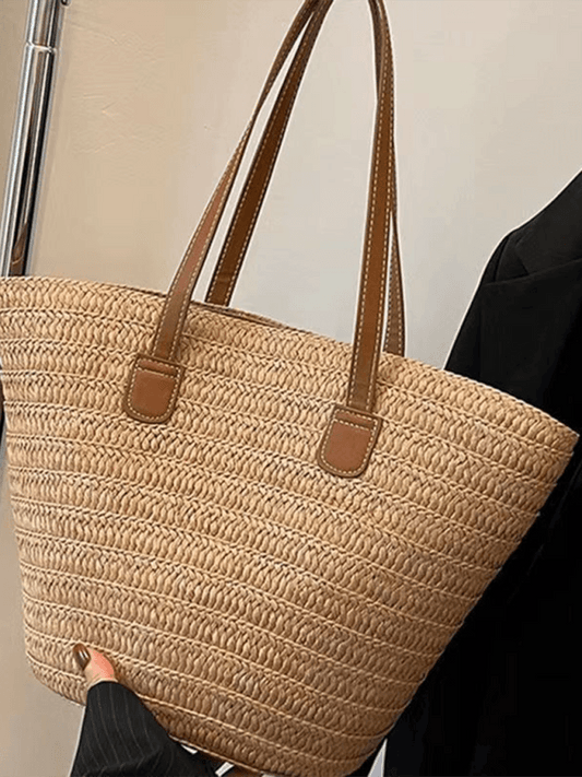 Single shoulder messenger woven bag women's new large capacity holiday beach bag commuter tote bag Khaki FREESIZE