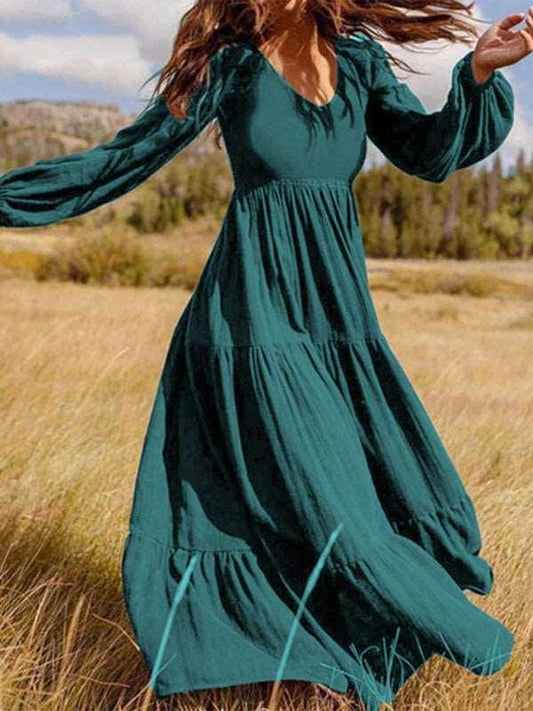 Autumn Temperament Women'S Large Swing Dress Green black jasper