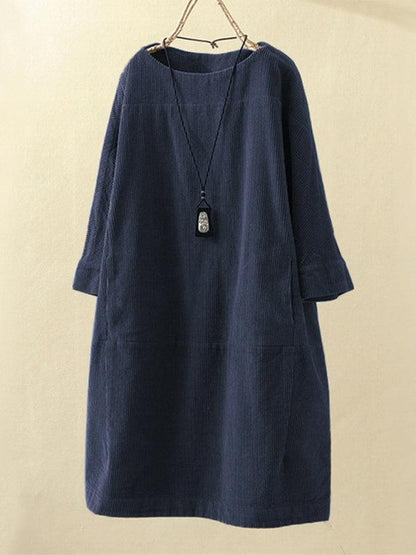 Autumn And Winter New Corduroy Retro Solid Dress Blue