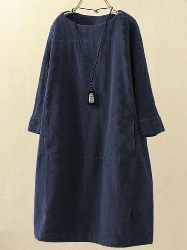 Autumn And Winter New Corduroy Retro Solid Dress Ponceau