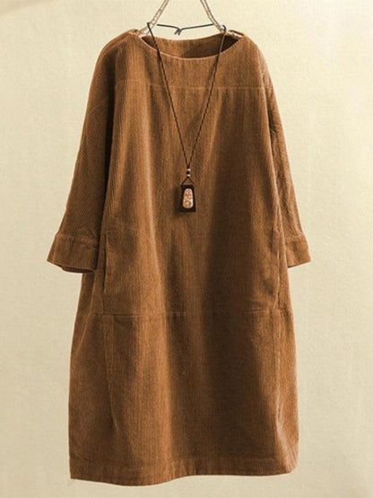 Autumn And Winter New Corduroy Retro Solid Dress Brown