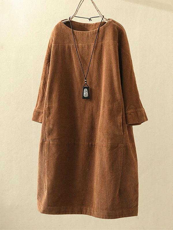 Autumn And Winter New Corduroy Retro Solid Dress Ponceau