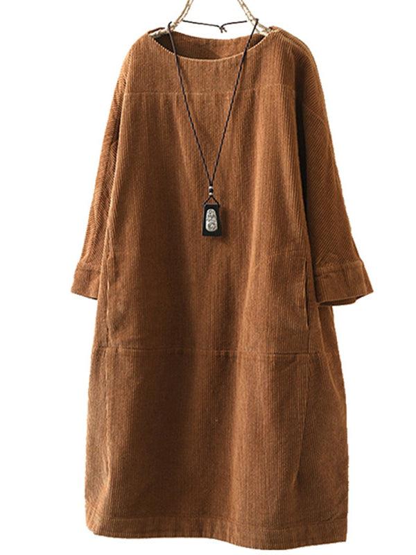 Autumn And Winter New Corduroy Retro Solid Dress Ponceau