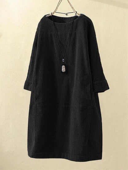 Autumn And Winter New Corduroy Retro Solid Dress Black