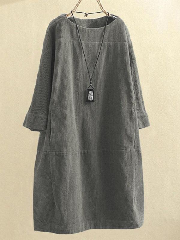 Autumn And Winter New Corduroy Retro Solid Dress Green grey