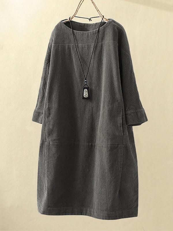 Autumn And Winter New Corduroy Retro Solid Dress Grey