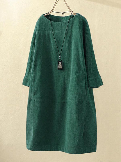 Autumn And Winter New Corduroy Retro Solid Dress Green