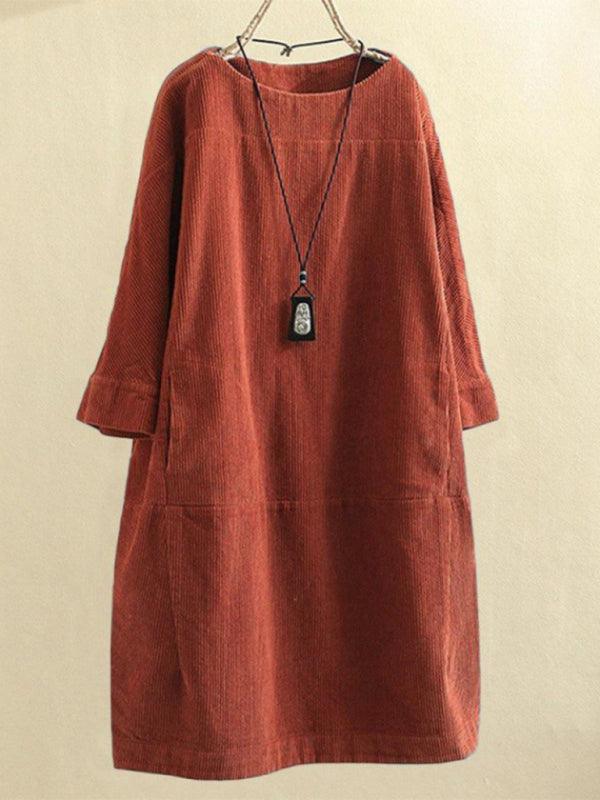 Autumn And Winter New Corduroy Retro Solid Dress Ponceau