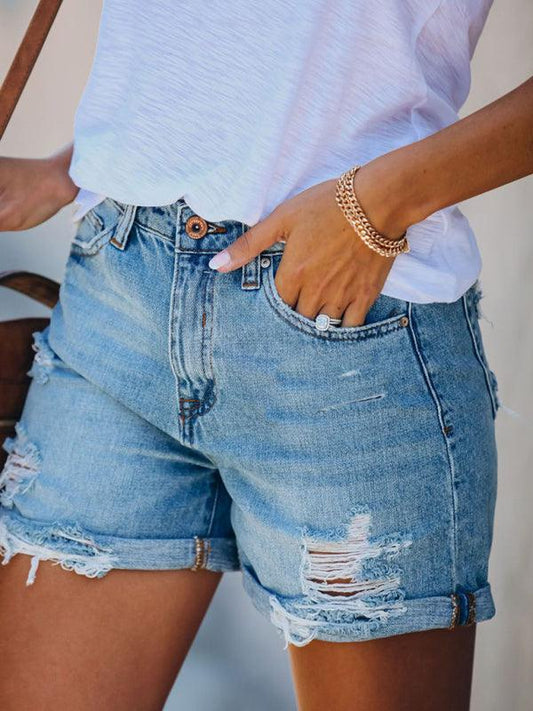 Women's Torn Straight Casual Denim Shorts Blue