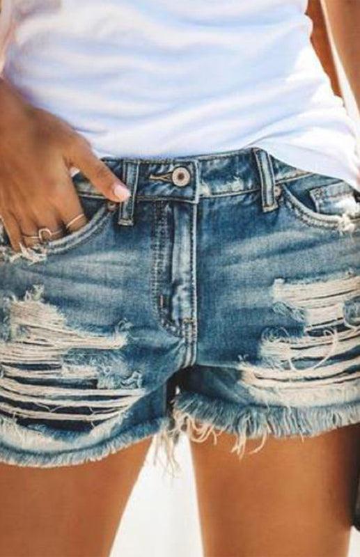 Women's High-Waisted, Fringed, Cut-Out Denim Shorts Denim Blue