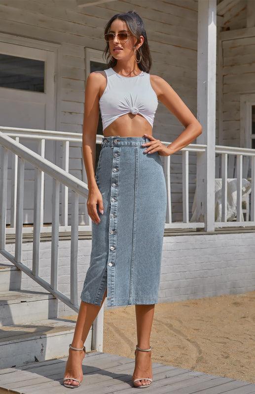 Irregular Split Denim High Waist Skirt Blue