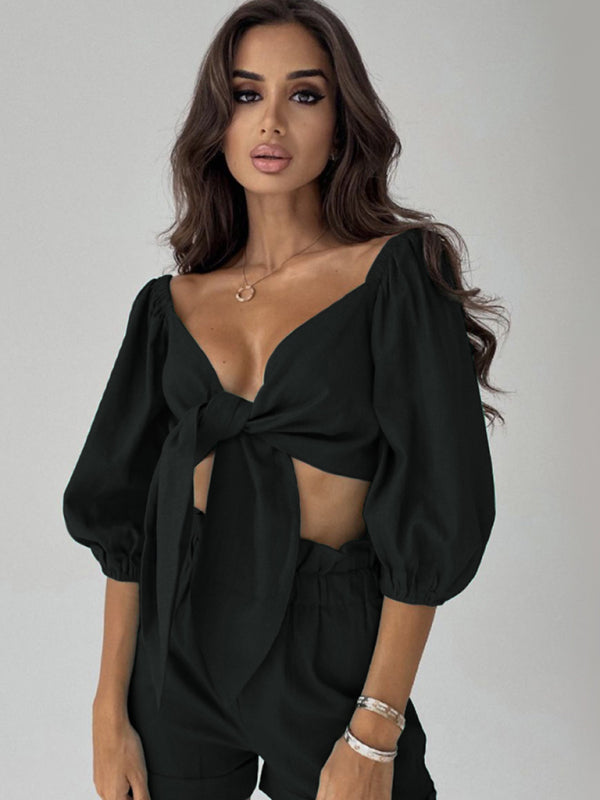 V-Neck Puff Sleeve Rayon Shorts Set Black